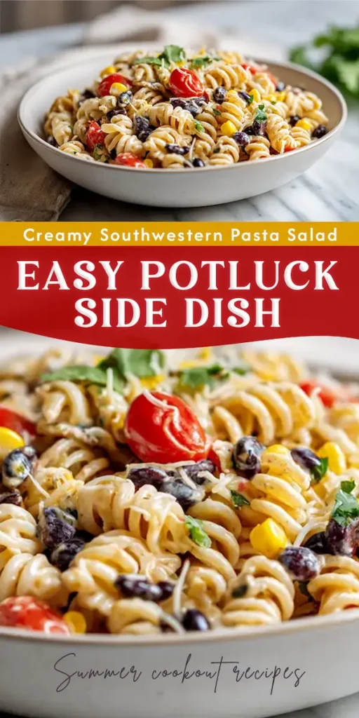 Southwestern Pasta Salad with Creamy Lime Dressing 5 A bowl of Southwestern pasta salad with rotini pasta, black beans, corn, cherry tomatoes, bell pepper, shredded cheese, cilantro, and creamy lime dressing.