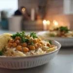 Creamy vegan cabbage Alfredo bowl topped with crispy chickpeas, parsley, lemon, and black pepper on a white kitchen counter.