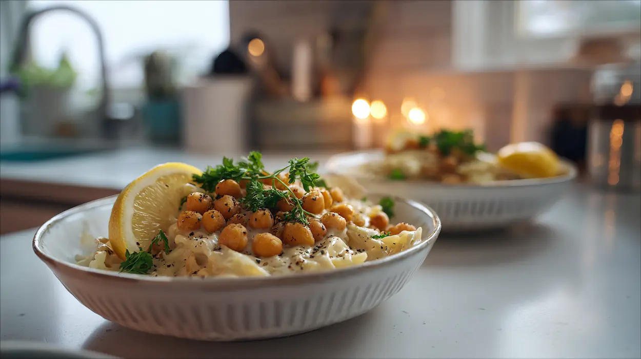Creamy vegan cabbage Alfredo bowl topped with crispy chickpeas, parsley, lemon, and black pepper on a white kitchen counter.