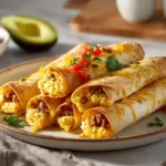 Golden crispy breakfast taquitos filled with eggs and cheese on a warm kitchen table