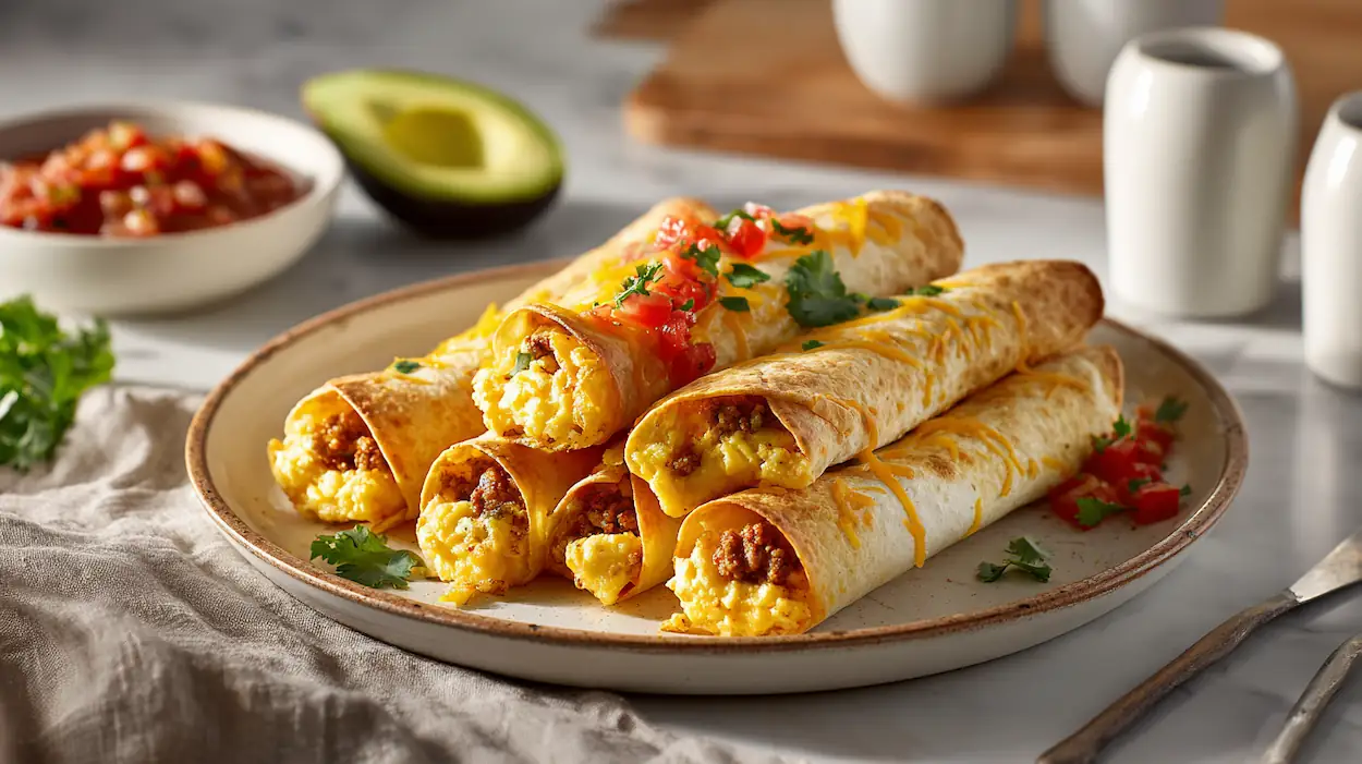 Golden crispy breakfast taquitos filled with eggs and cheese on a warm kitchen table