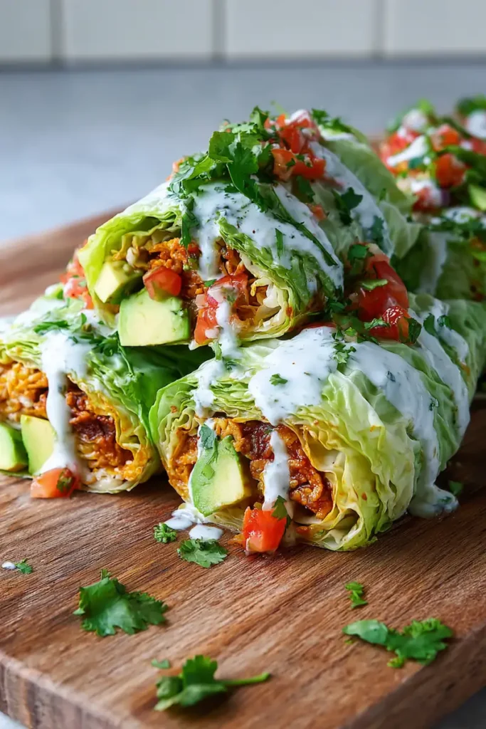 Close-up of crispy cabbage taco wraps with warm taco filling, creamy lime sauce, avocado, salsa, cheese, cilantro, and lime wedges.