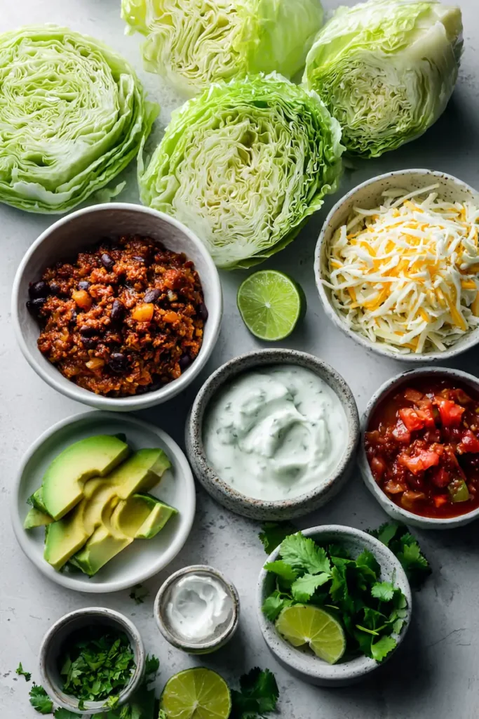 Ingredients for crispy cabbage taco wraps including green cabbage leaves, olive oil, protein or black beans, onion, garlic, taco seasoning, tomato sauce or salsa, cheese, avocado, pico de gallo or salsa, cilantro, lime, Greek yogurt or sour cream, honey, garlic powder, salt, and black pepper.