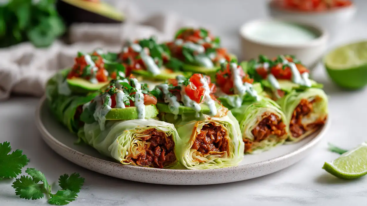 Crispy cabbage taco wraps filled with warm taco-seasoned filling, shredded cheese, avocado, salsa, cilantro, and creamy lime sauce.