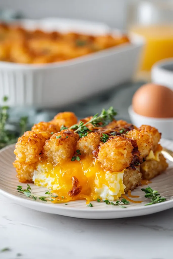 Cozy Tater Tot Breakfast Casserole Recipe 2 Close-up of tater tot breakfast casserole showing crispy edges, melted cheese, and fluffy egg texture