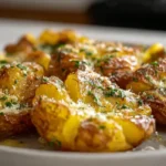 Crispy Smashed Potatoes with Garlic Butter cozy dinner side Crispy smashed potatoes with garlic butter and parsley served on a white plate in a cozy nighttime kitchen.