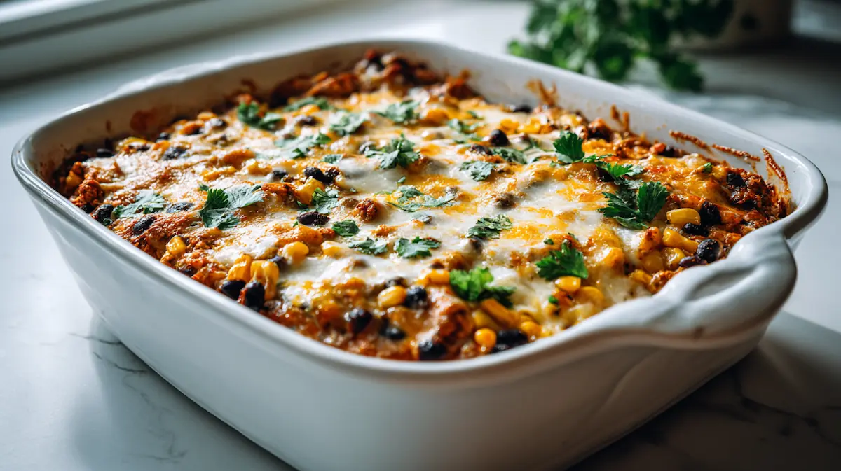 Warm cheesy chicken burrito casserole in a baking dish on a white kitchen counter