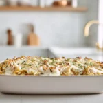 French Onion Chicken Orzo Casserole French Onion Chicken Orzo Casserole with creamy orzo, caramelized onions, shredded chicken, and melted Gruyère cheese in a baking dish.