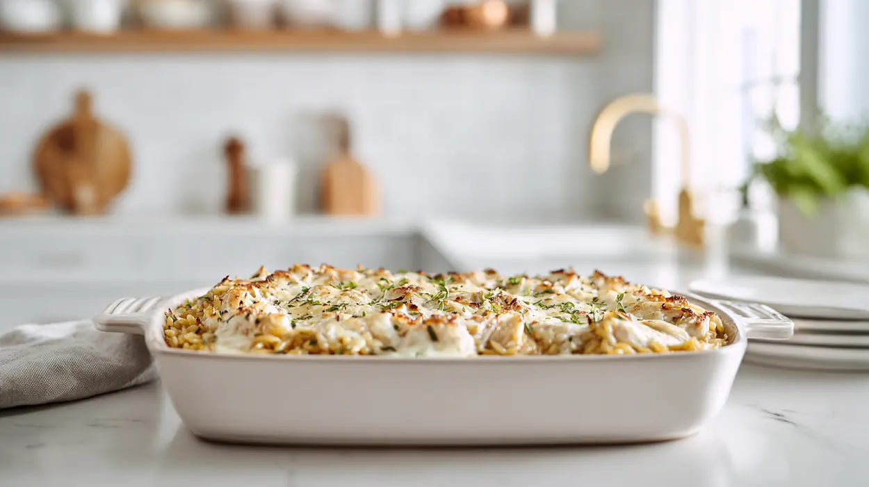 French Onion Chicken Orzo Casserole with creamy orzo, caramelized onions, shredded chicken, and melted Gruyère cheese in a baking dish.
