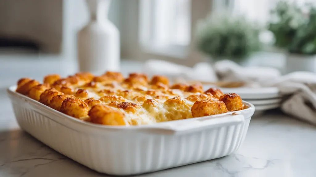 Cozy Tater Tot Breakfast Casserole Recipe 1 Tater tot breakfast casserole with crispy golden tots, sausage, eggs, and melted cheddar cheese in a baking dish