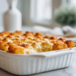Cozy Tater Tot Breakfast Casserole Recipe Tater tot breakfast casserole with crispy golden tots, sausage, eggs, and melted cheddar cheese in a baking dish