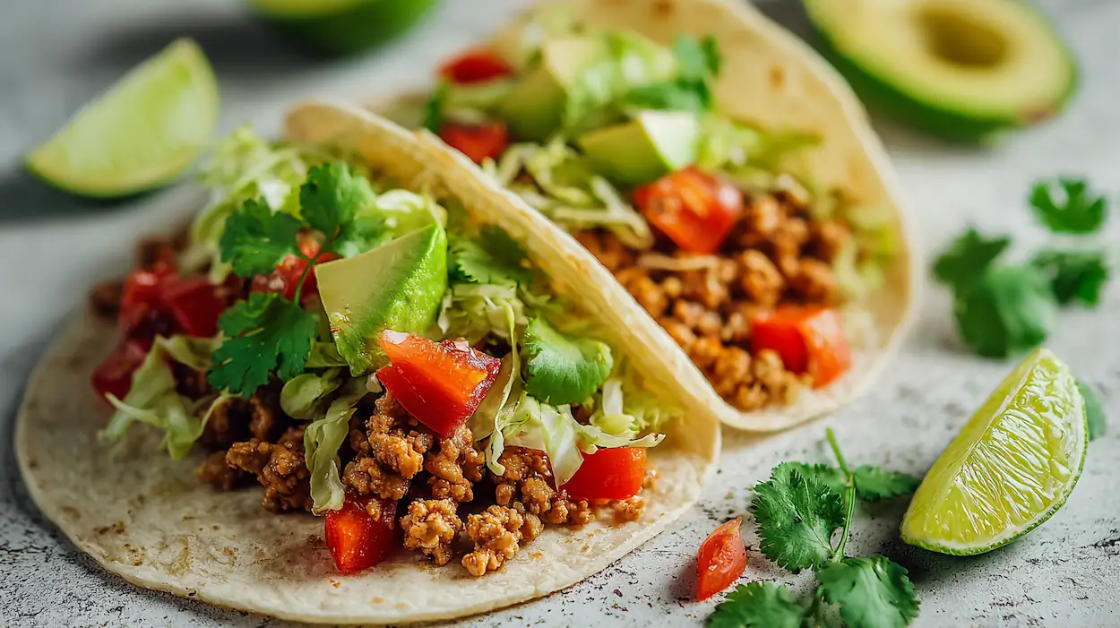 Ground turkey tacos with avocado, lettuce, and lime on a softly lit kitchen counter