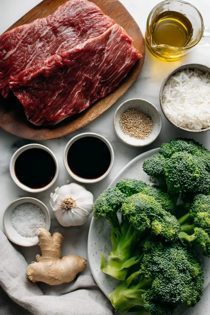 Chinese Beef and Broccoli (High Protein) 3 Fresh ingredients arranged neatly for homemade beef and broccoli recipe