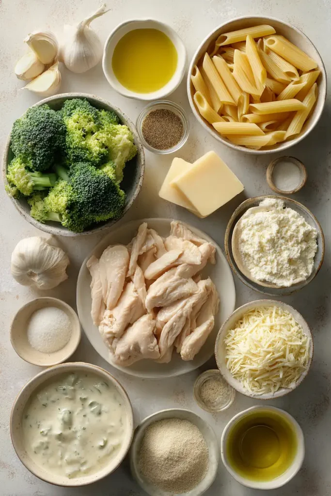 Chicken and Broccoli Pasta Bake 3 Ingredients for chicken and broccoli pasta bake including penne pasta, chicken breast, broccoli, milk, cream, garlic, mozzarella, Parmesan, and seasonings on a kitchen countertop.