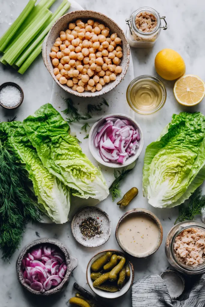 Ingredients for chickpea tuna lettuce cups including chickpeas, lettuce, celery, lemon, Dijon mustard, pickles, and herbs.
