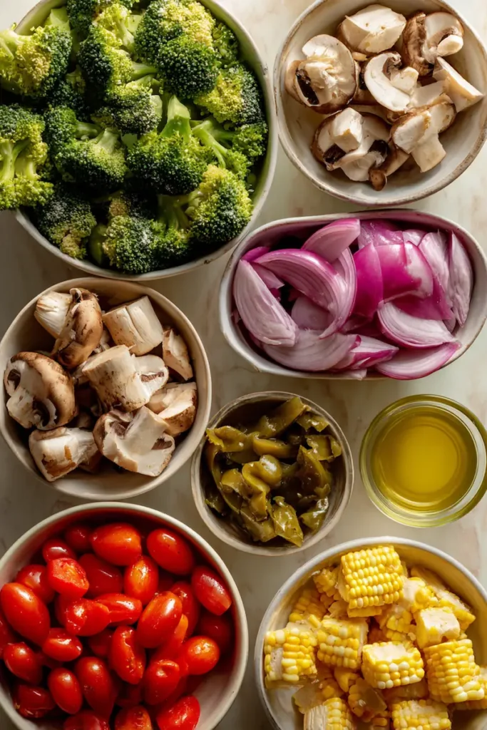 Easy Marinated Veggie Salad 3 ngredients for Easy Marinated Veggie Salad including broccoli, tomatoes, baby corn, onion, mushrooms, and Italian dressing