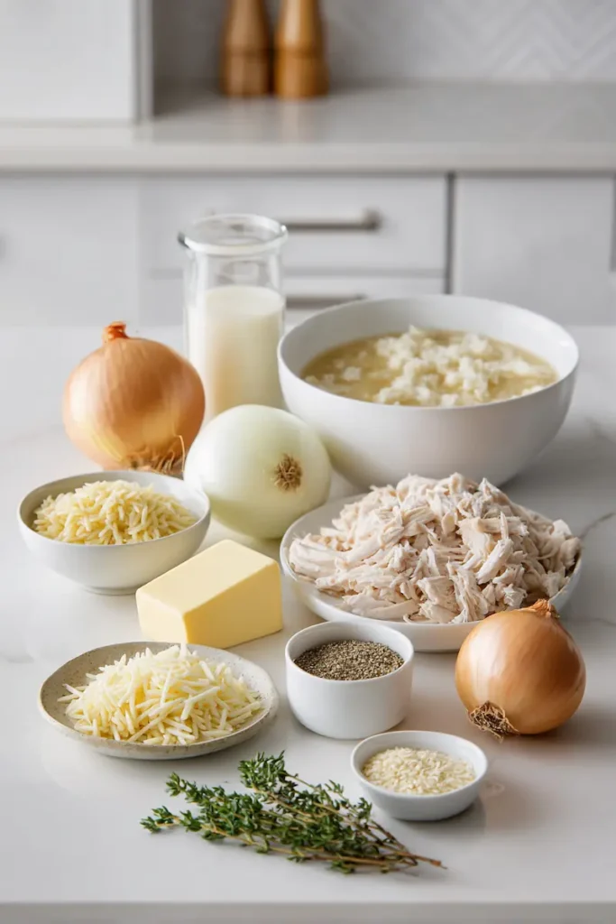 French Onion Chicken Orzo Casserole 3 Ingredients for French Onion Chicken Orzo Casserole including onions, chicken, orzo, broth, cream, Gruyère cheese, mozzarella, garlic, thyme, and butter.