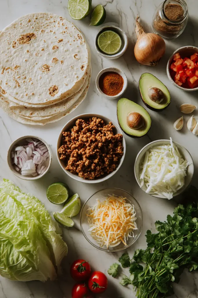Ground Turkey Tacos for a Healthy Weeknight Dinner 3 Ingredients arranged neatly for homemade turkey tacos