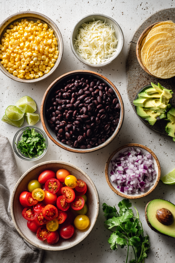Ingredients for black bean corn salsa tostadas including corn, black beans, tomatoes, avocado, lime, cilantro, and tostada shells.
