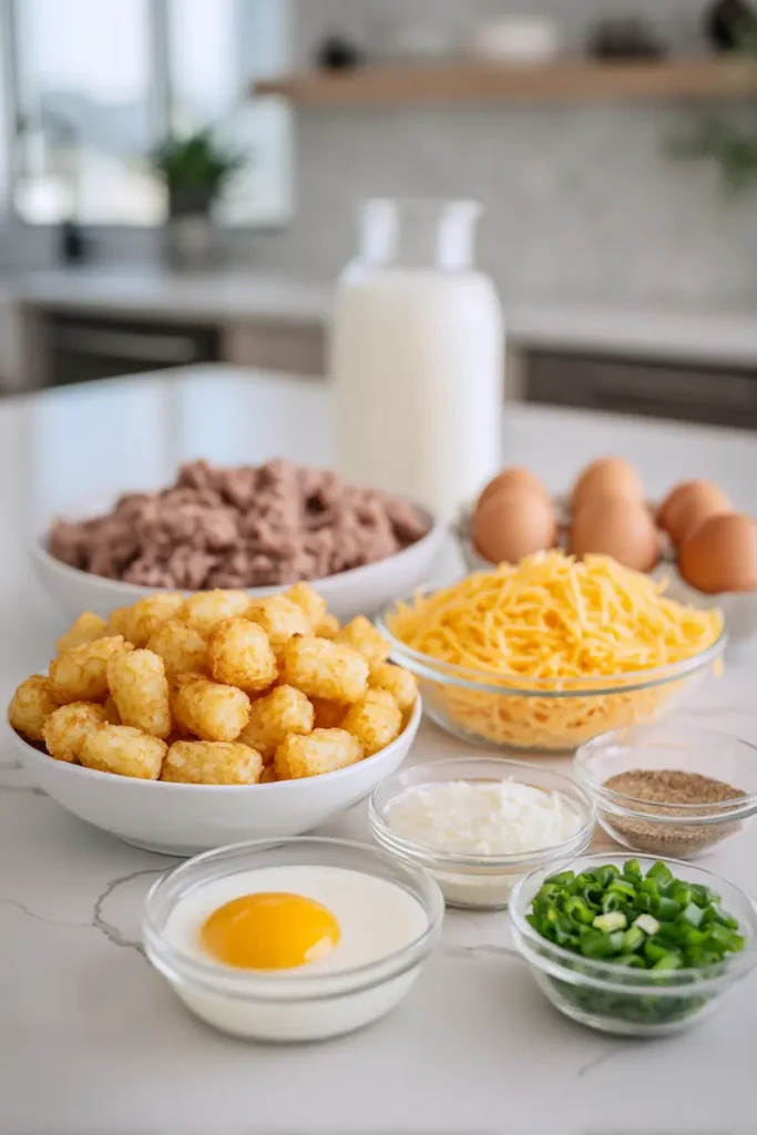 Cozy Tater Tot Breakfast Casserole Recipe 3 Ingredients for tater tot breakfast casserole including sausage, frozen tater tots, eggs, milk, cheddar cheese, and seasonings neatly arranged