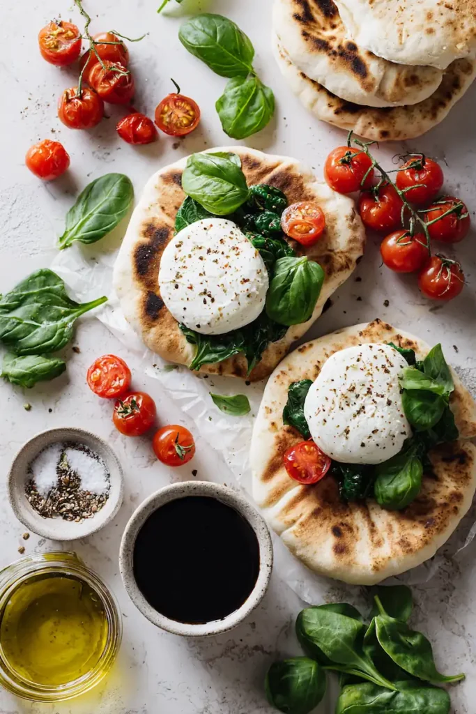 Vegan Caprese Stuffed Pitas 3 Ingredients for Vegan Caprese Stuffed Pitas including pita bread, tomatoes, vegan mozzarella, basil, greens, olive oil, and balsamic glaze.