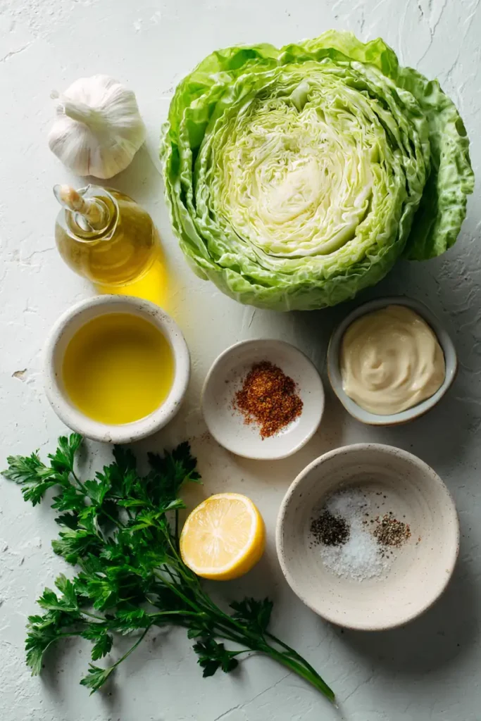 Ingredients for vegan roasted cabbage steaks with garlic sauce arranged on a white kitchen counter
Suggested Pinterest Overlay Text: Simple Vegan Ingredients