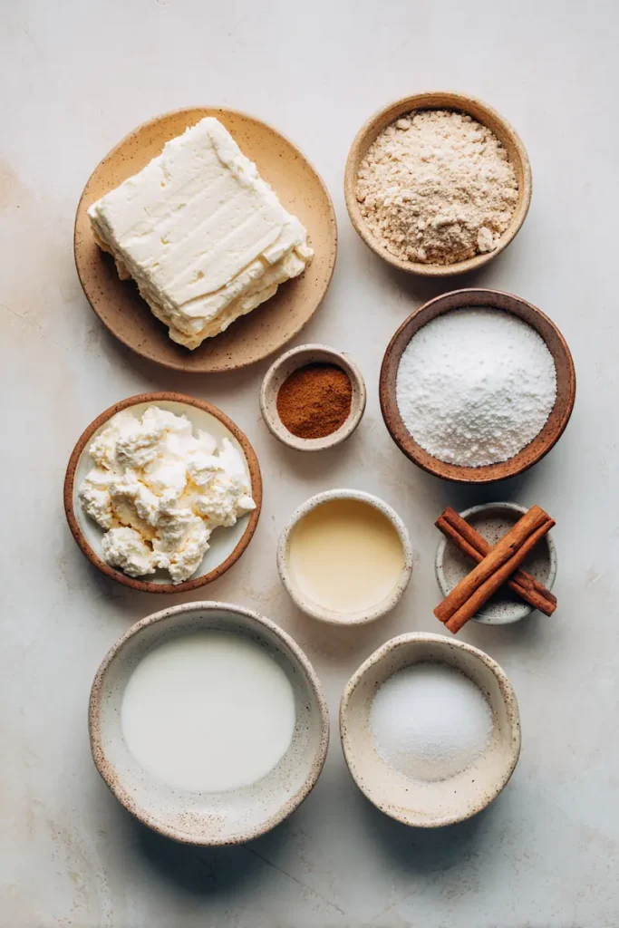 No Bake Keto Churro Cheesecake Bars 3 Ingredients for no bake keto churro cheesecake bars including cream cheese, almond flour, cinnamon, butter, and keto sweetener.