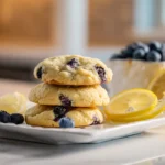 Lemon Blueberry Cookies Soft lemon blueberry cookies stacked on a white kitchen counter with fresh blueberries and lemon slices.
