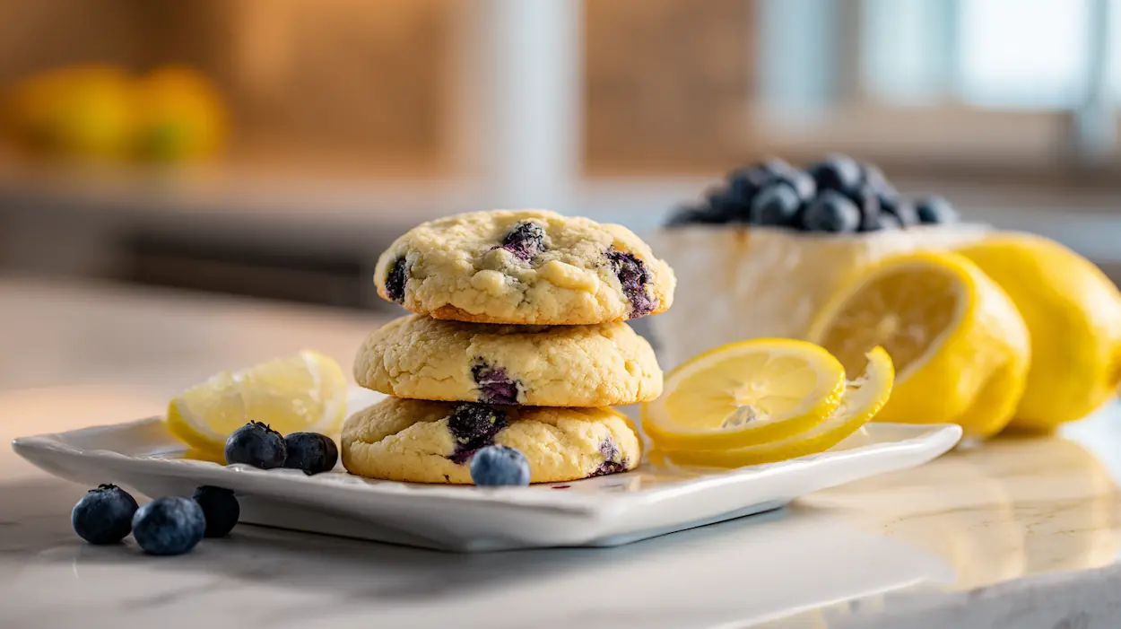 Soft lemon blueberry cookies stacked on a white kitchen counter with fresh blueberries and lemon slices.