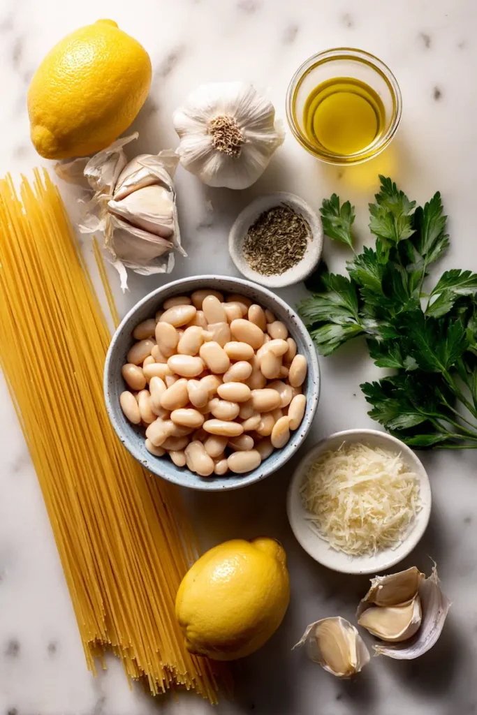 Lemon Garlic White Bean Pasta Recipe 3 Ingredients for lemon garlic white bean pasta including pasta, white beans, lemon, garlic, Parmesan, parsley, and olive oil.