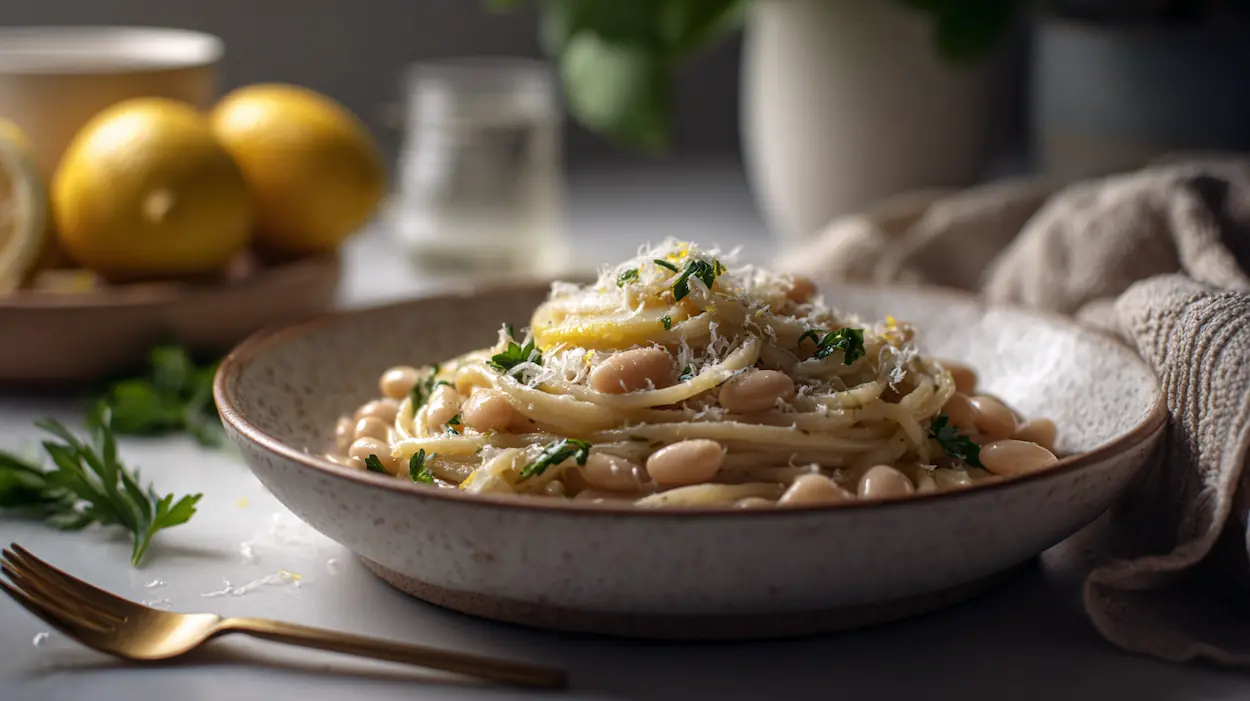 Bowl of lemon garlic white bean pasta with Parmesan, parsley, and lemon zest on a white kitchen counter.