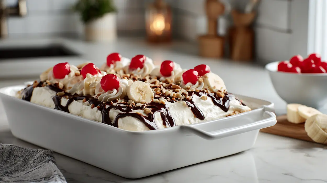 No-Bake Banana Split Cake 4 A chilled no-bake banana split cake with whipped topping, chocolate drizzle, chopped nuts, and cherries on a white kitchen counter.