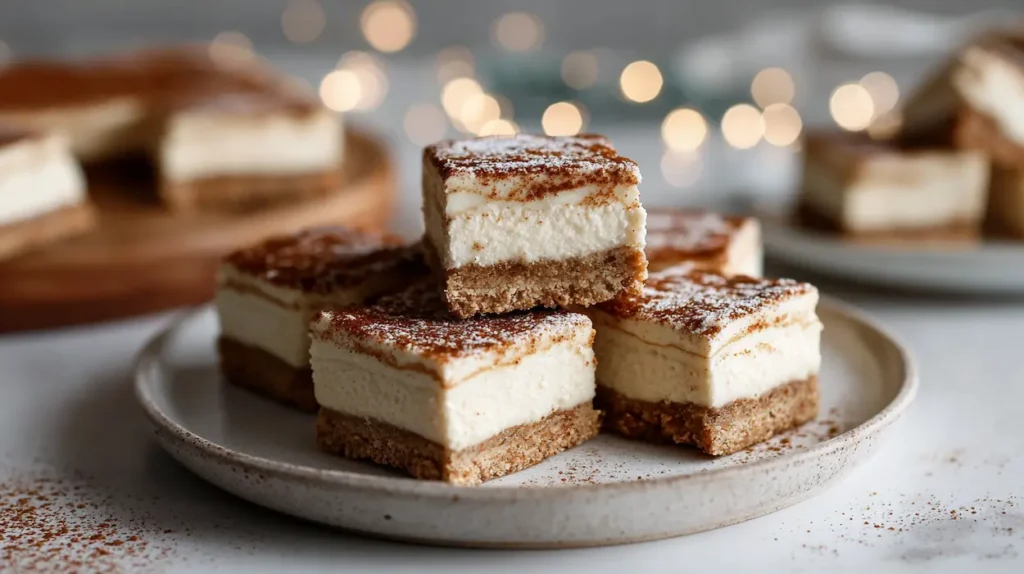 No Bake Keto Churro Cheesecake Bars 1 No bake keto churro cheesecake bars sliced into squares with cinnamon topping on a white kitchen counter.