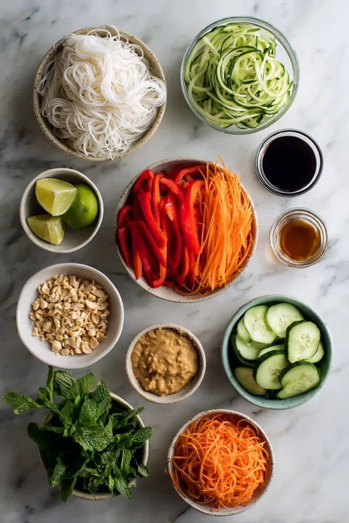 Thai-Inspired Peanut Cucumber Noodle Salad 3 Ingredients for peanut cucumber noodle salad including rice noodles, cucumber, carrots, peanut butter, lime, herbs, and soy sauce