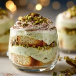 Pistachio tiramisu cups with mascarpone cream, chopped pistachios, and coffee-soaked ladyfinger layers on a white kitchen counter.