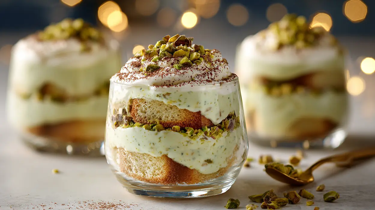 Pistachio tiramisu cups with mascarpone cream, chopped pistachios, and coffee-soaked ladyfinger layers on a white kitchen counter.