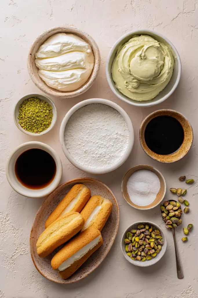 Ingredients for pistachio tiramisu cups including mascarpone, pistachio cream, ladyfingers, coffee, cream, and chopped pistachios.