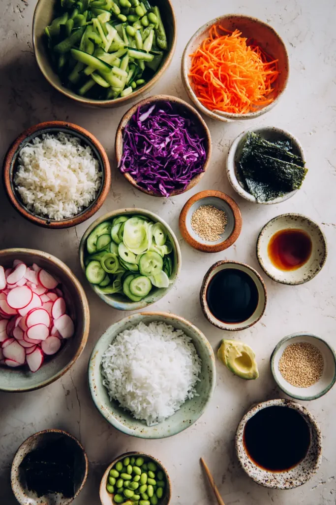 Rainbow Vegan Sushi Bowls 3 Fresh ingredients for rainbow vegan sushi bowls arranged on a white kitchen counter.