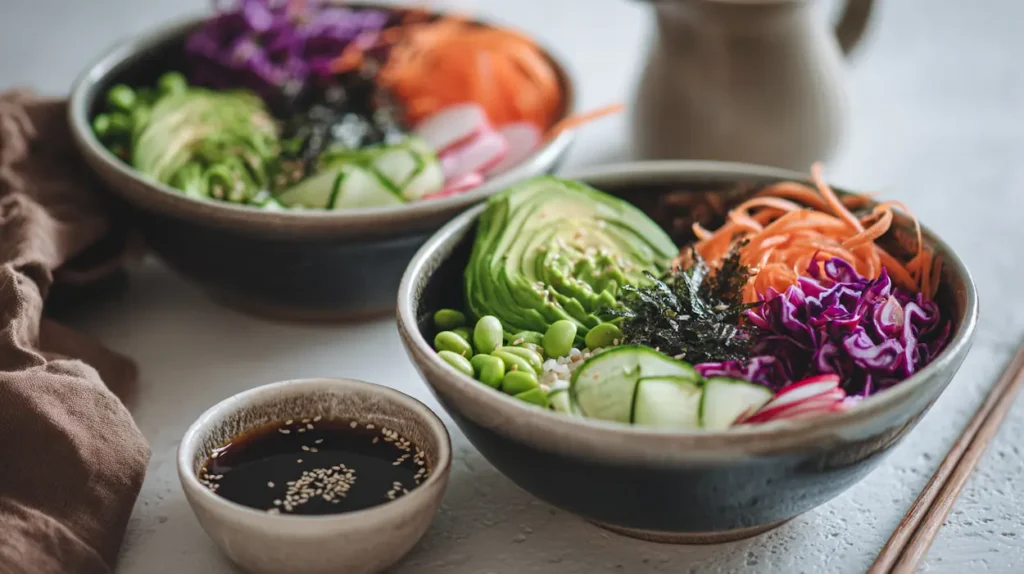 Rainbow Vegan Sushi Bowls 1 Rainbow vegan sushi bowls with sushi rice, avocado, cucumber, cabbage, carrots, edamame, nori, and sesame seeds.