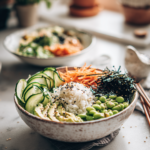 Rainbow vegan sushi bowls with sushi rice, avocado, cucumber, cabbage, carrots, edamame, nori, and sesame seeds.