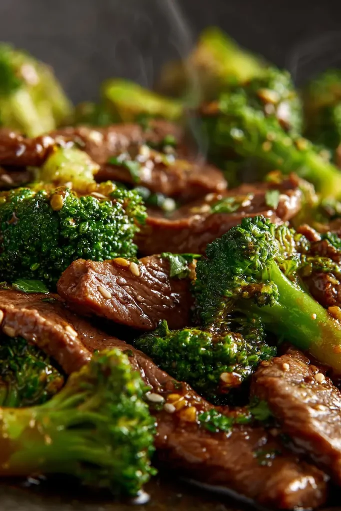 Chinese Beef and Broccoli (High Protein) 2 Close-up of tender beef slices and broccoli coated in savory stir fry sauce