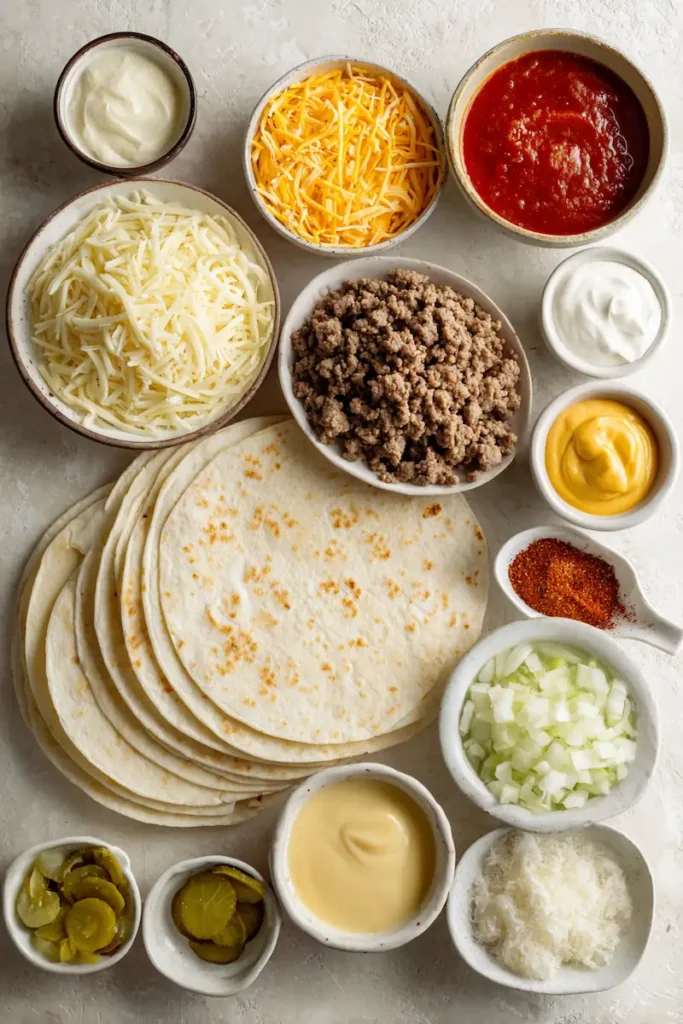 Ingredients for smashburger quesadillas including tortillas, ground beef, cheese, pickles, onions, and burger sauce.