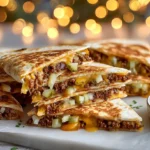 Crispy smashburger quesadillas sliced into wedges with burger sauce and pickles on a white kitchen counter.
