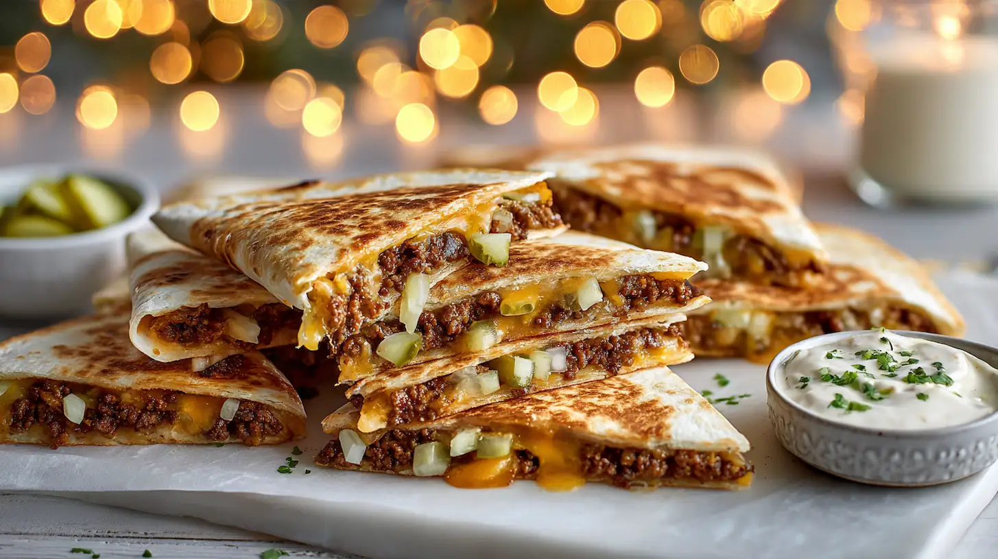 Crispy smashburger quesadillas sliced into wedges with burger sauce and pickles on a white kitchen counter.