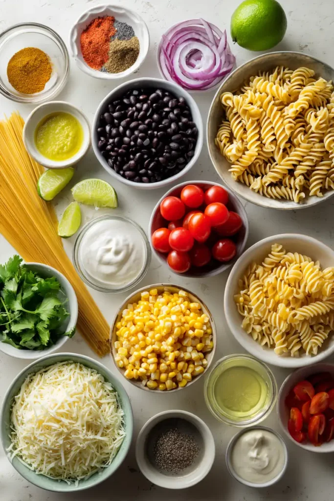 Southwestern Pasta Salad with Creamy Lime Dressing 3 Ingredients for Southwestern pasta salad arranged on a white kitchen counter