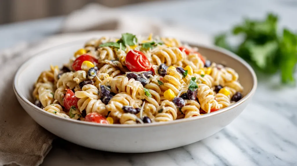 Southwestern Pasta Salad with Creamy Lime Dressing 1 Southwestern pasta salad with black beans, corn, tomatoes, peppers, cheese, and creamy lime dressing in a white bowl