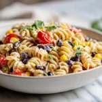 Southwestern pasta salad with black beans, corn, tomatoes, peppers, cheese, and creamy lime dressing in a white bowl