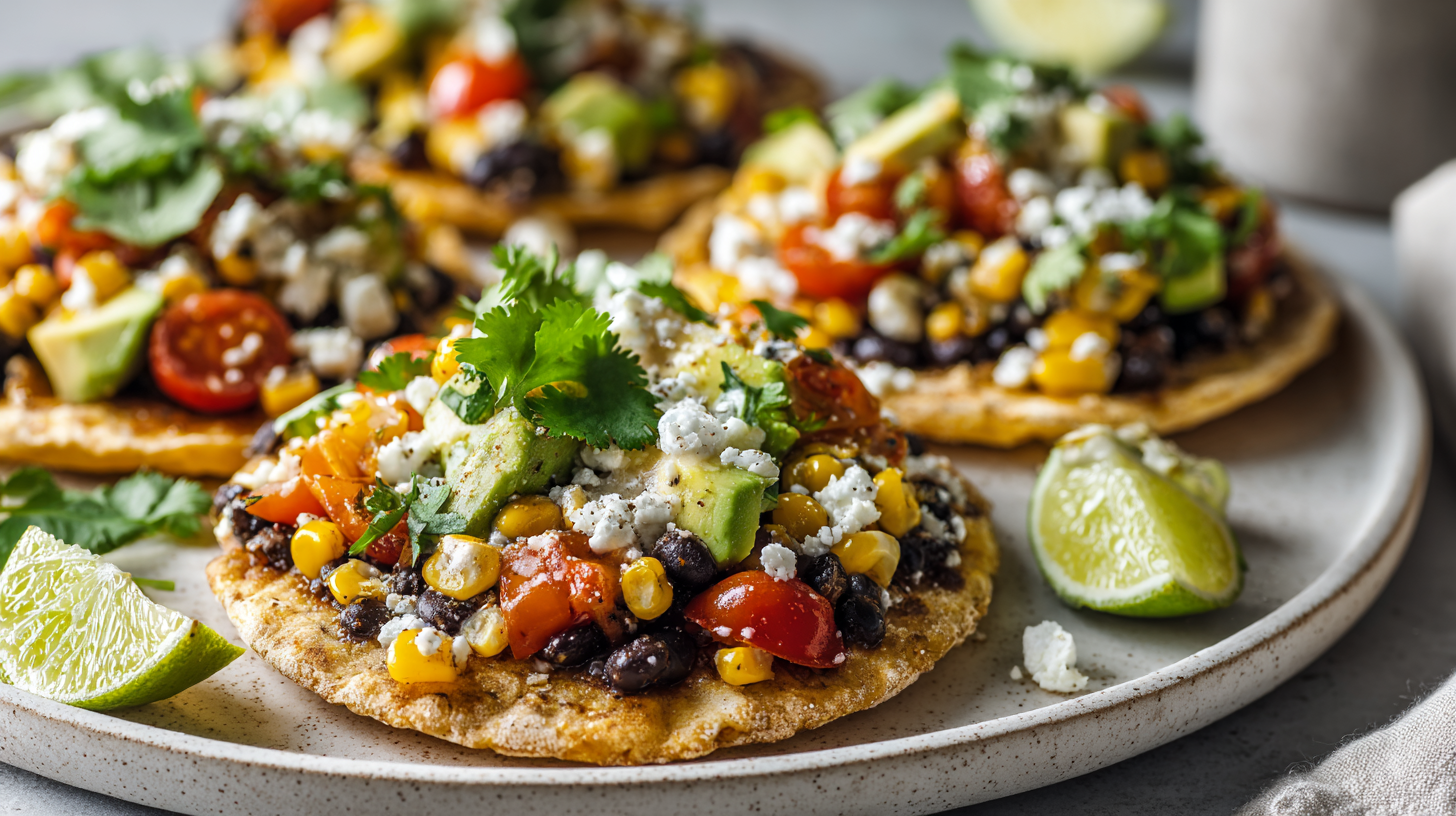 Crisp summer black bean corn salsa tostadas with avocado, tomatoes, lime, cilantro, and cheese on a white kitchen counter.