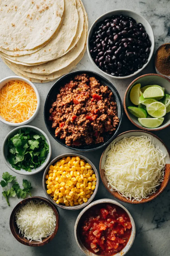 Best Taco Lasagna Casserole for an Easy Cozy Dinner 3 Ingredients for Taco Lasagna Casserole arranged on a white kitchen counter including tortillas, ground beef, beans, corn, salsa, cheese, and taco seasoning.