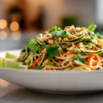 Bowl of Thai-inspired peanut cucumber noodle salad with cucumbers, carrots, herbs, peanuts, and lime on a white kitchen counter